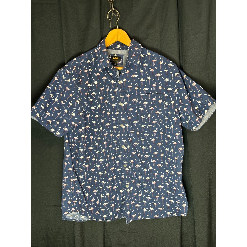 Lee Mens XL Regular Fit Flamingo Print Short Sleeve Button Down Shirt Navy Blue